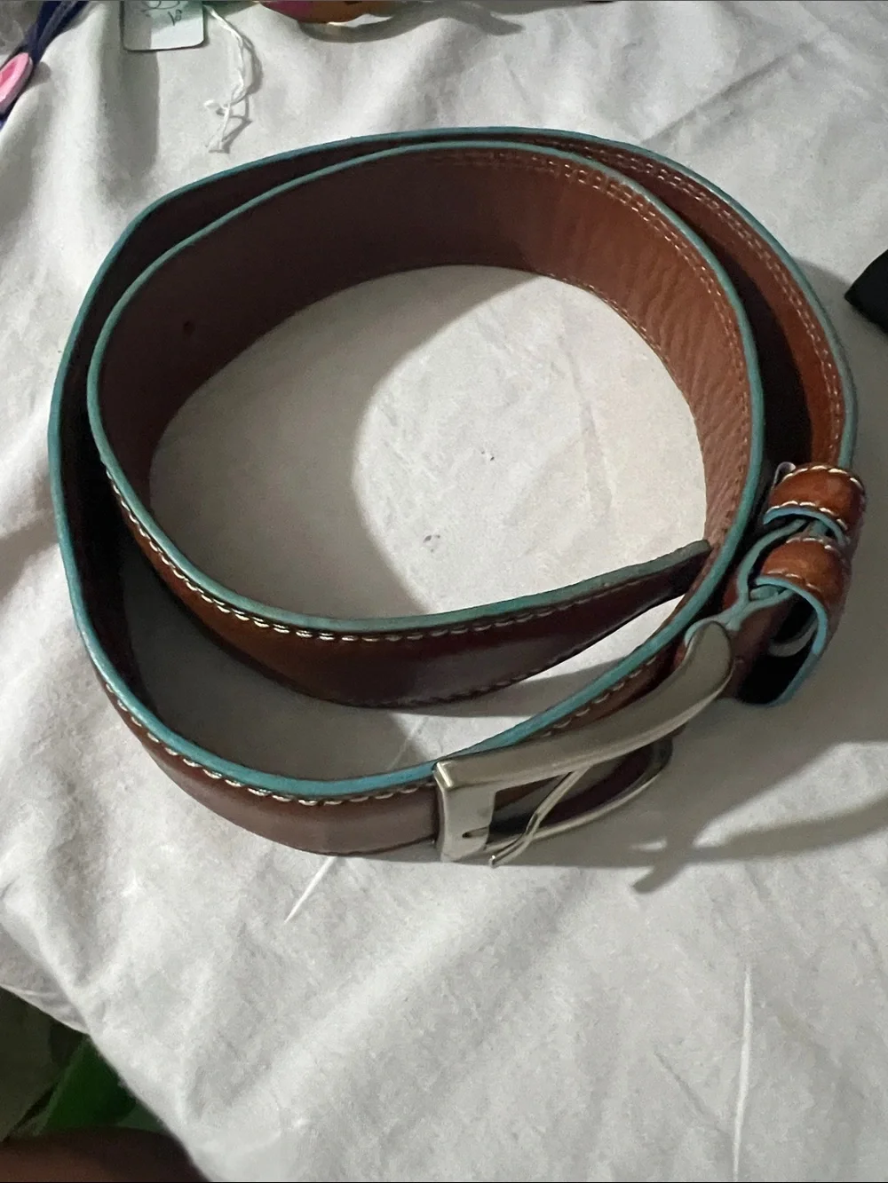 Men's Brown Leather Belt with Teal Edge - Classic Casual Style